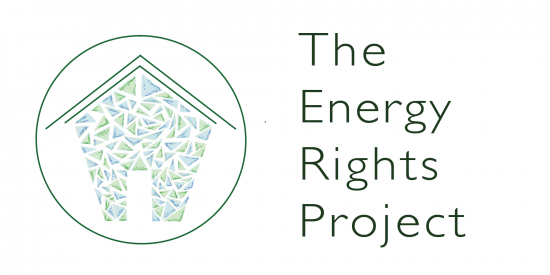 A blue and green sketch of a house in a green circle on a white background. The Energy Rights Project is in green text to the right of the logo.